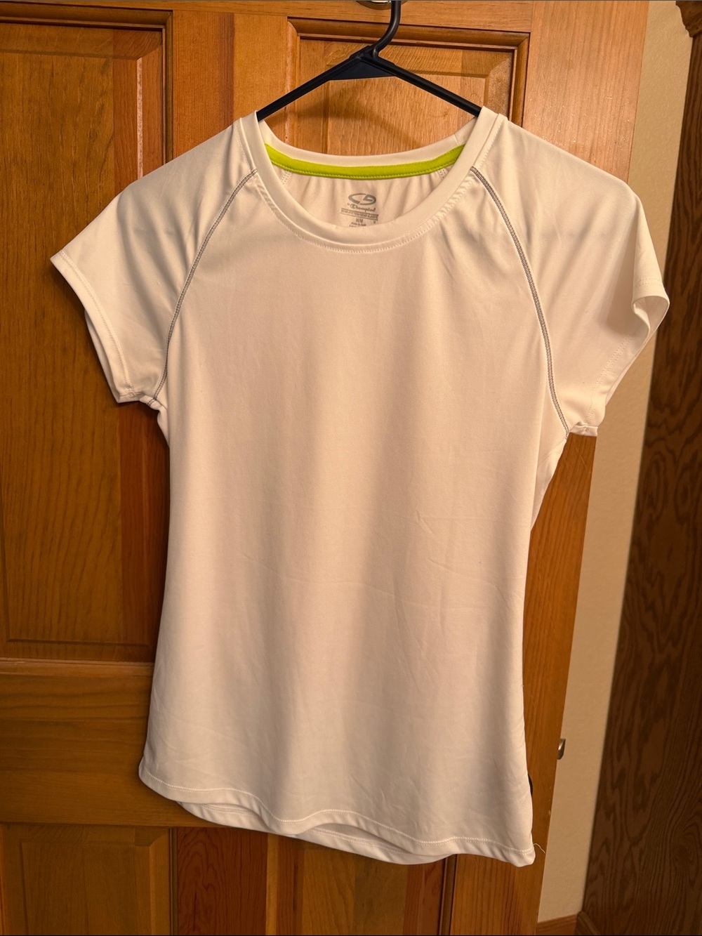 5/15$. Champion Women's White Short Sleeve Athletic Tee with Lime Accent